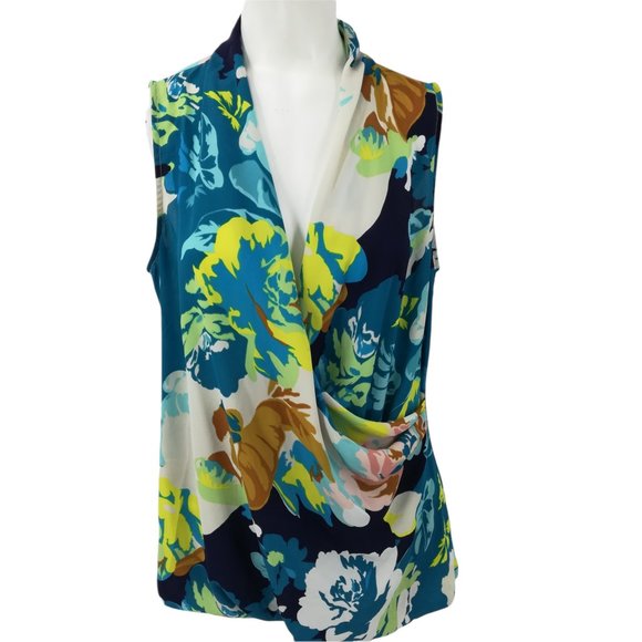 CAbi Tops - Cabi Spring Blossom Faux Wrap Blouse Size M Draped Sleeveless V-Neck Blue